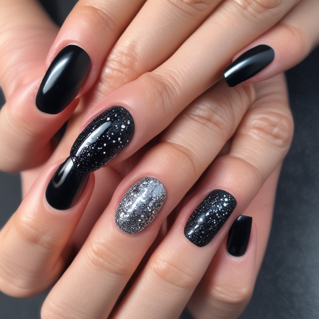 Nail design with black and silver glitter