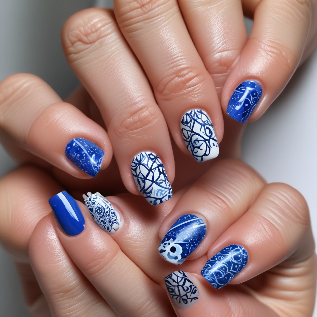 Nail design with blue and white patterns