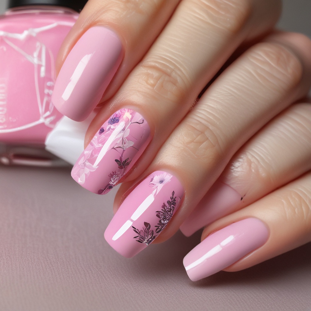 Nail design with pink and floral art