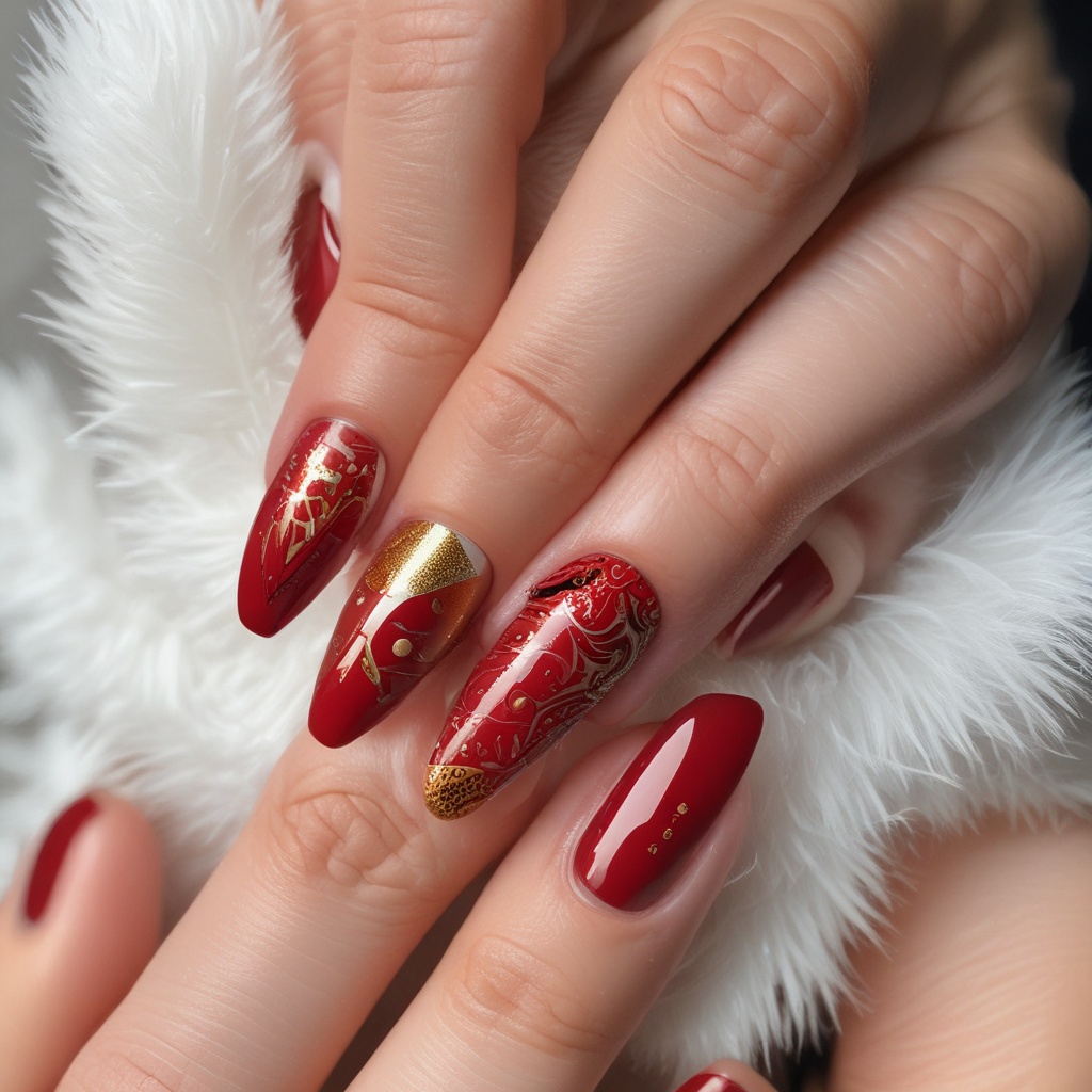 Nail design with red and gold accents